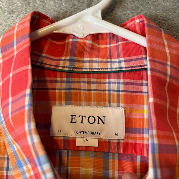 ETON‎ Linen Blend Contemporary Button Down Plaid Shirt Mens Size Large - Picture 3 of 7